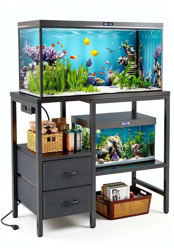 TIQLAB 20-29 Gallon Multi - Tier Aquarium Stand with Storage Drawers & Shelf, Sturdy Metal Frame for Fish Tanks with Power Outlet, 30.7" L*13.8" W Tabletop, Black-0
