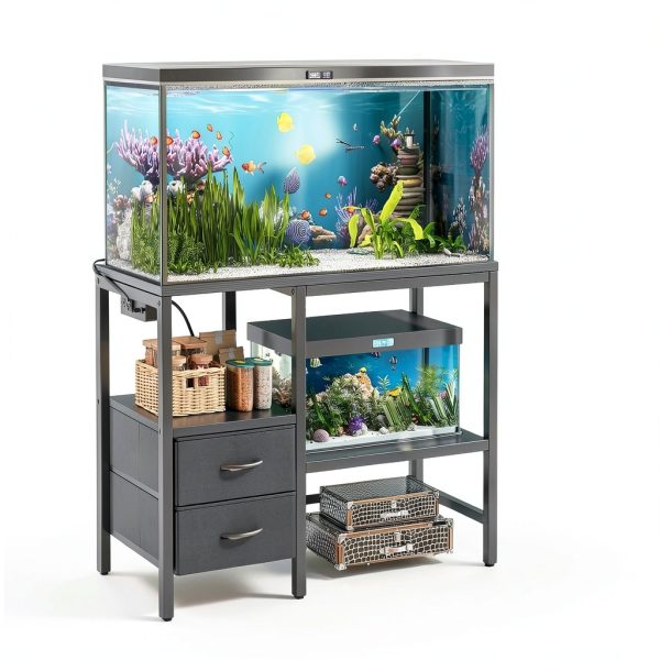 TIQLAB 20-29 Gallon Multi - Tier Aquarium Stand with Storage Drawers & Shelf, Sturdy Metal Frame for Fish Tanks with Power Outlet, 30.7" L*13.8" W Tabletop, Black-1