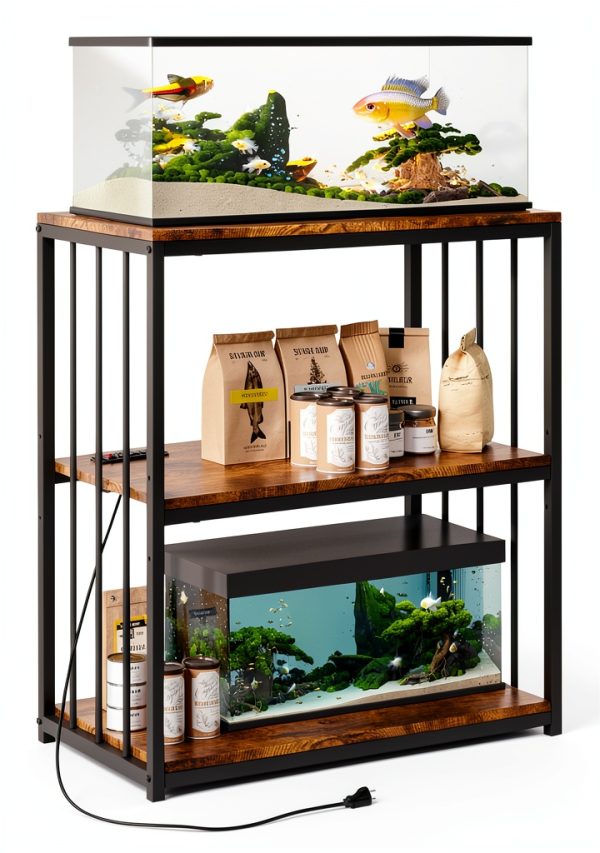 20 Gallon Fish Tank Stand with Power Outlet, Retro Brown, 3-Tier-0